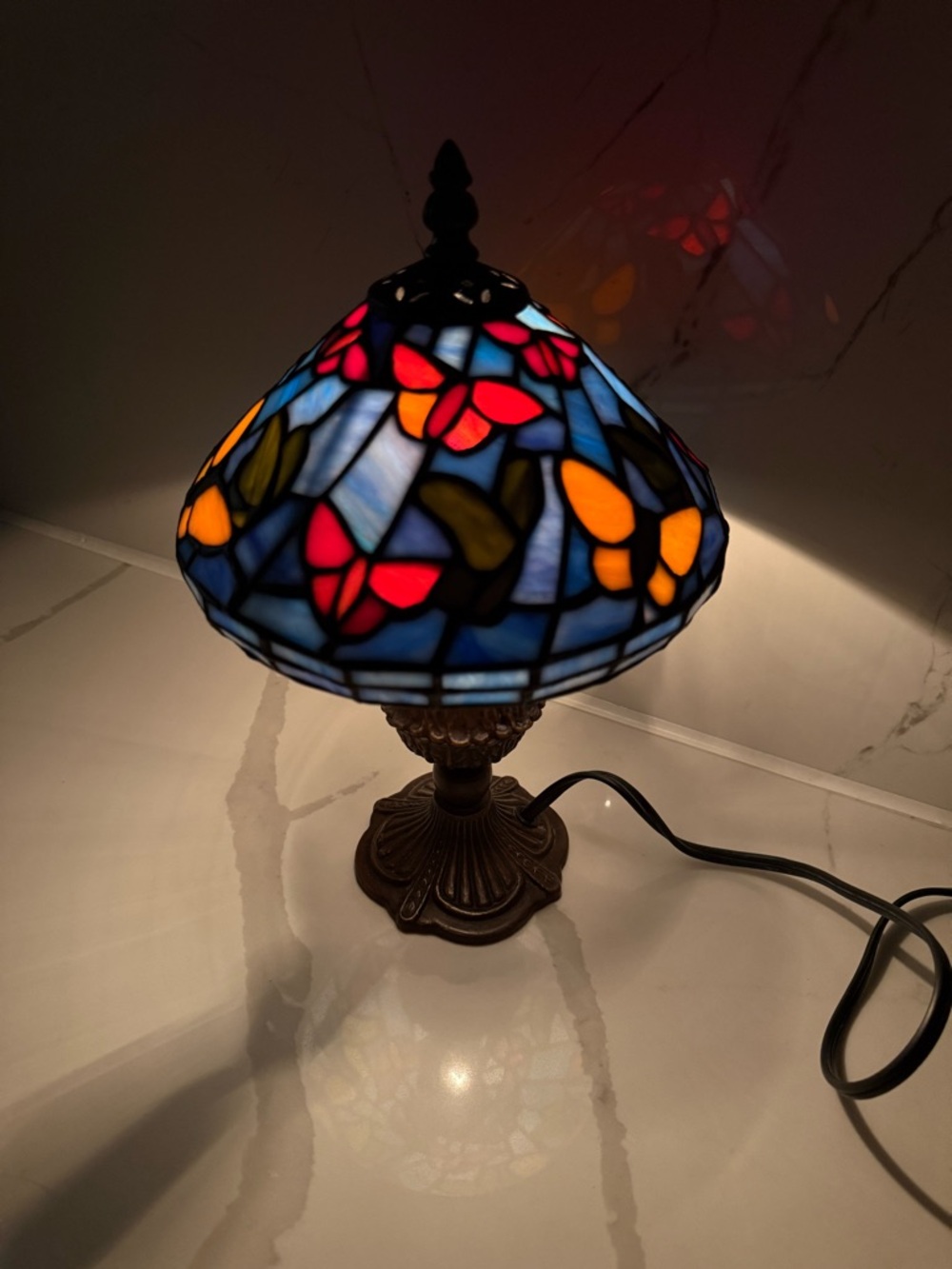 Mini Tiffany Style Stained Glass Table Lamp Acorn Base, Blue, Red & Amber Shade